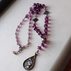 Purple Beaded Necklace with Bronze Pendant